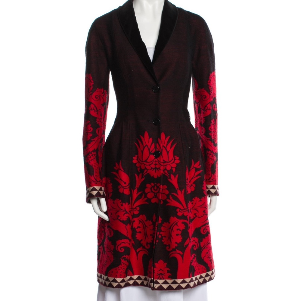 Etro Red and Black Trench Coat with Intricate Design